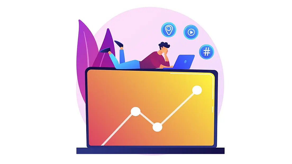 Imagen vectorizada de un ordenador con un gráfico e íconos de internet, como hashtag