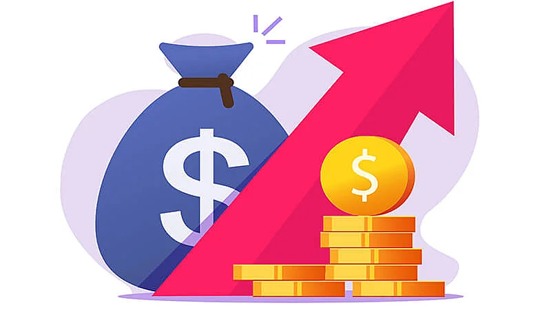 Gráfico exibindo moedas, uma bolsa com moedas e uma seta para cima indicando ganhos