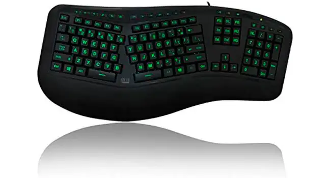 Teclado Ergonômico Adesso foto de um teclado ergonômico Adesso com retroiluminação verde