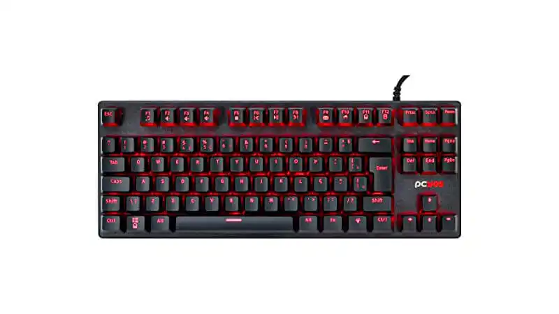 imagem de um teclado mecânico PCYes na cor preta com iluminação vermelha