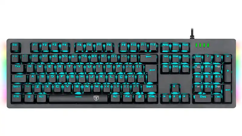 imagem de um teclado mecânico T-Dagger na cor preta com iluminação azul
