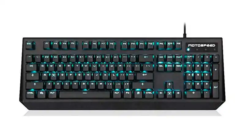 imagem de um teclado mecânico Motospeed na cor preta com iluminação azul