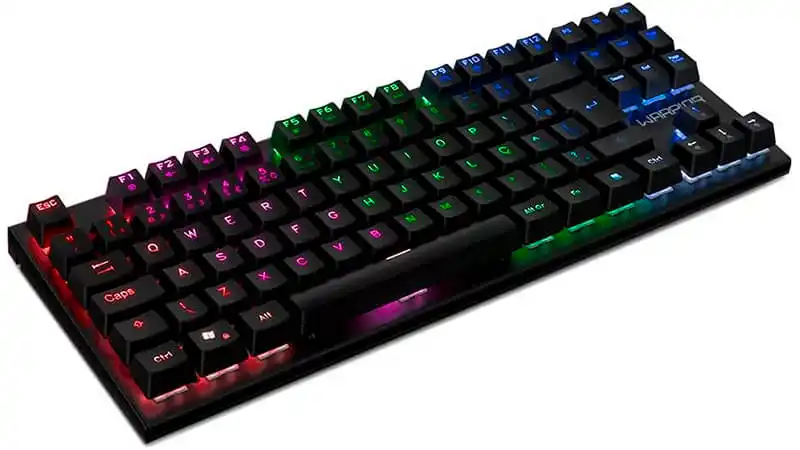 imagem de um teclado mecânico Warrior na cor preta com iluminação colorida