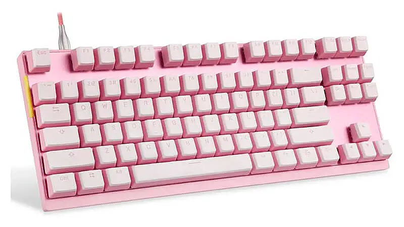imagem de um teclado Motospeed K82 na cor rosa com teclas brancas