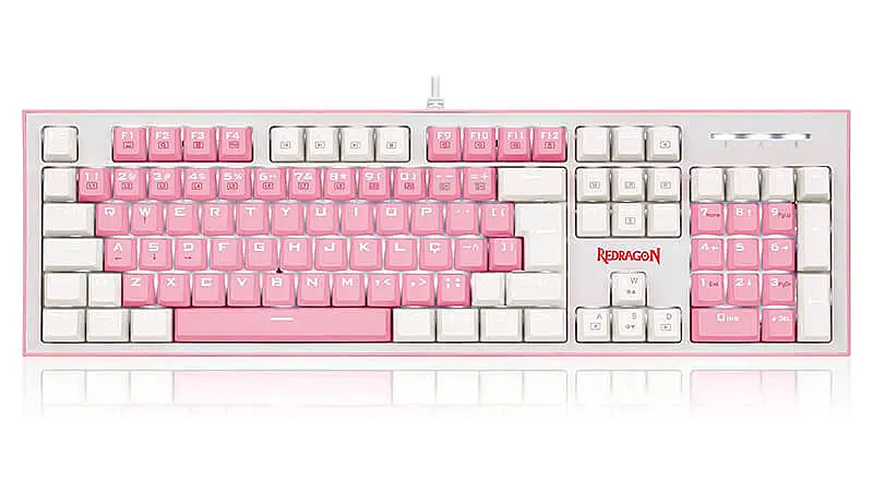 imagem de um teclado Redragon Hades na cor branca e rosa com iluminação em LED branco