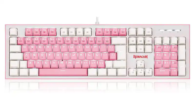 imagem de um teclado Redragon Hades na cor branca e rosa com iluminação em LED branco