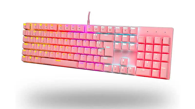 imagem de um teclado Dazz Orion na cor rosa com iluminação RGB