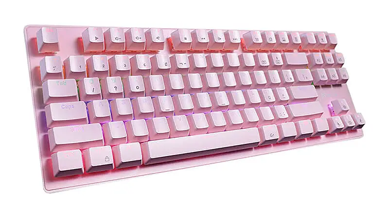 imagem de um teclado Oex Wolf na cor rosa com iluminação RGB