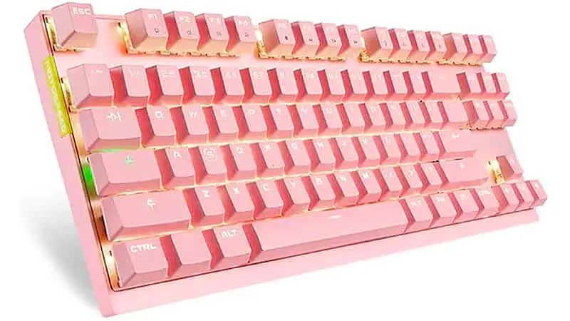 imagem de um teclado mecânico Motospeed GK82 na cor rosa com iluminação RGB