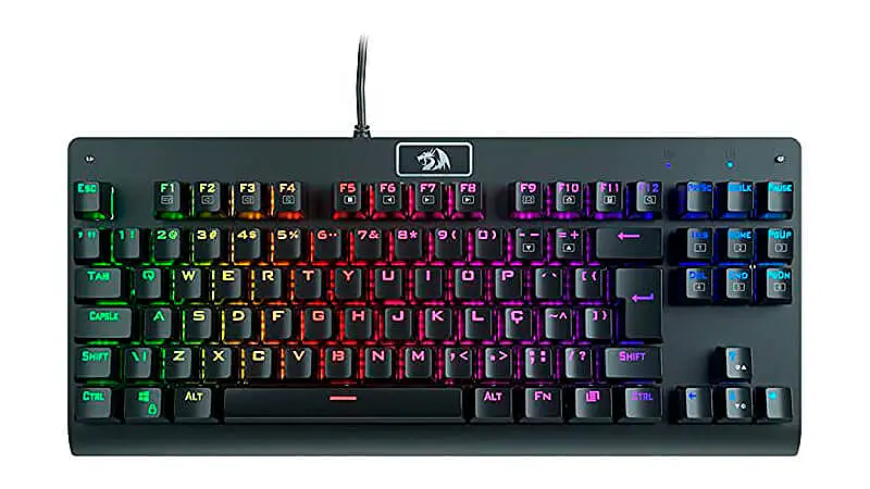 imagem de um teclado mecânico Redragon Dark Avenger na cor preta com iluminação RGB