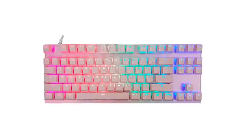 imagem de um teclado mecânico Motospeed GK82 na cor rosa com iluminação RGB