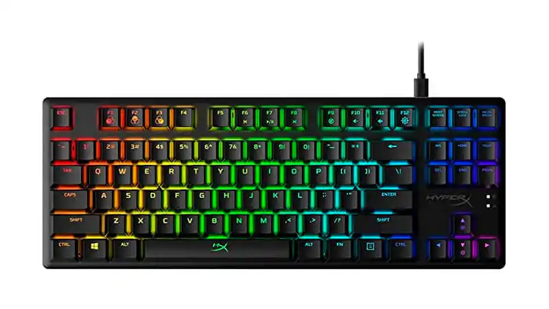 imagem de um teclado mecânico HyperX Alloy na cor preta com iluminação colorida