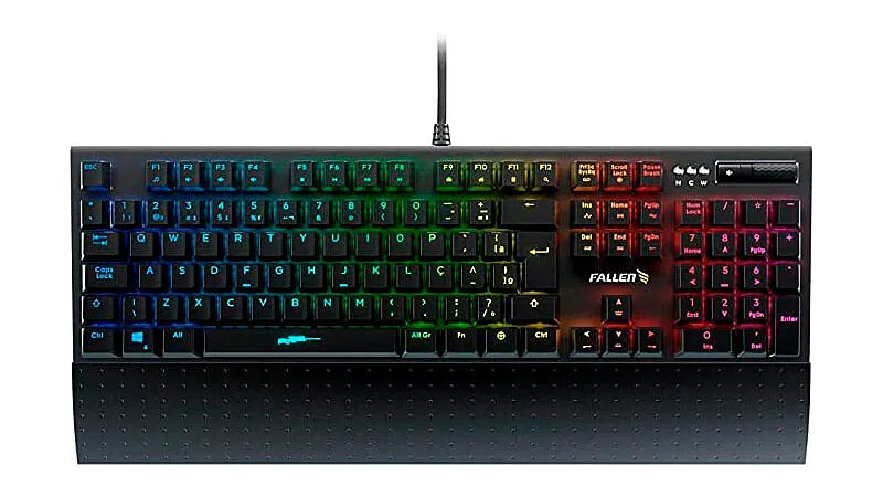 imagem de um teclado mecânico Fallen Falcão Peregrino na cor preta com iluminação RGB