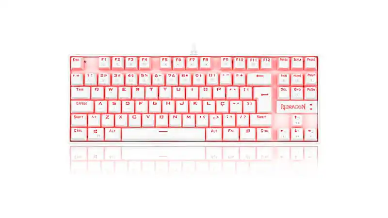 imagem de um teclado mecânico Redragon Kumara na cor branca com iluminação vermelha