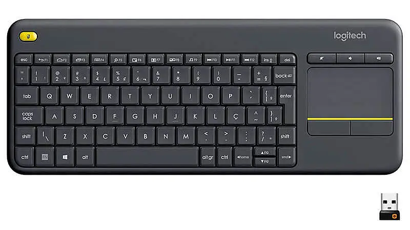imagem de um teclado sem fio Logitech na cor cinza com um touchpad integrado