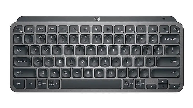 imagem de um teclado sem fio Logitech MX Keys na cor cinza com iluminação em LED branco