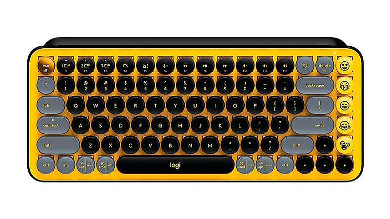 imagem de um teclado mecânico sem fio Logitech POP na cor amarela e preta com teclas de emoji no lado direito