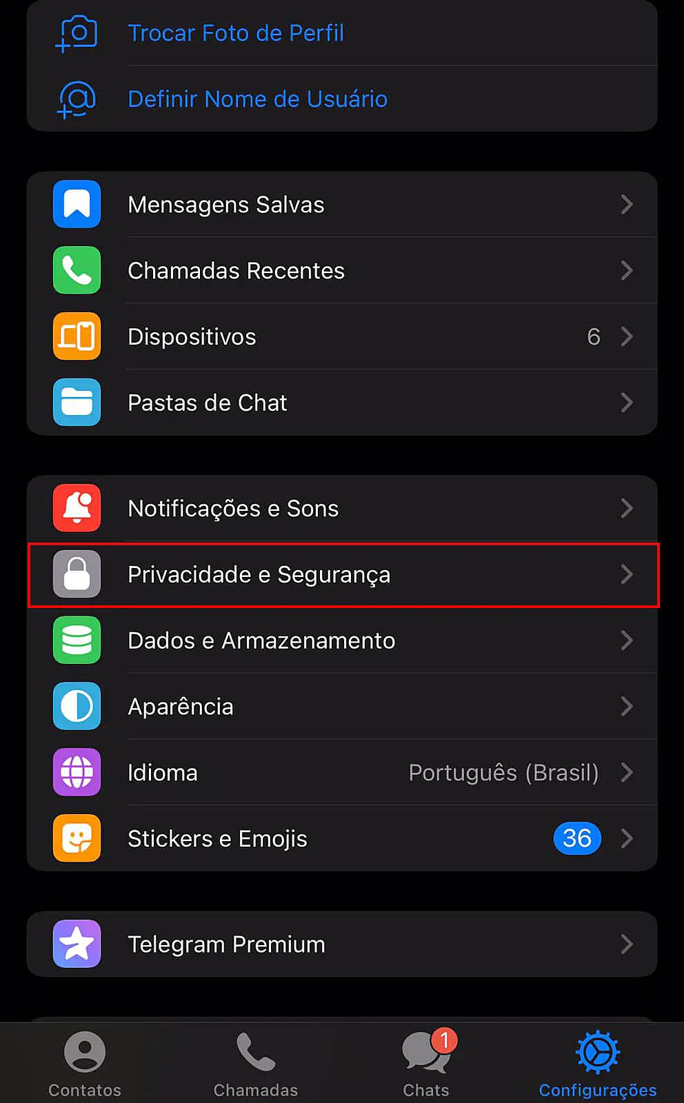 Captura de tela do Telegram