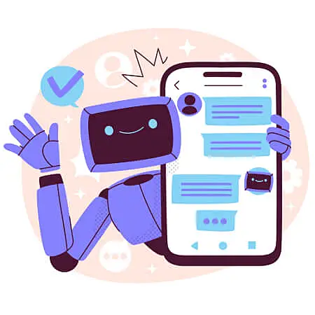 imagem de um robo acenando e segurando um celular com um chat aberto
