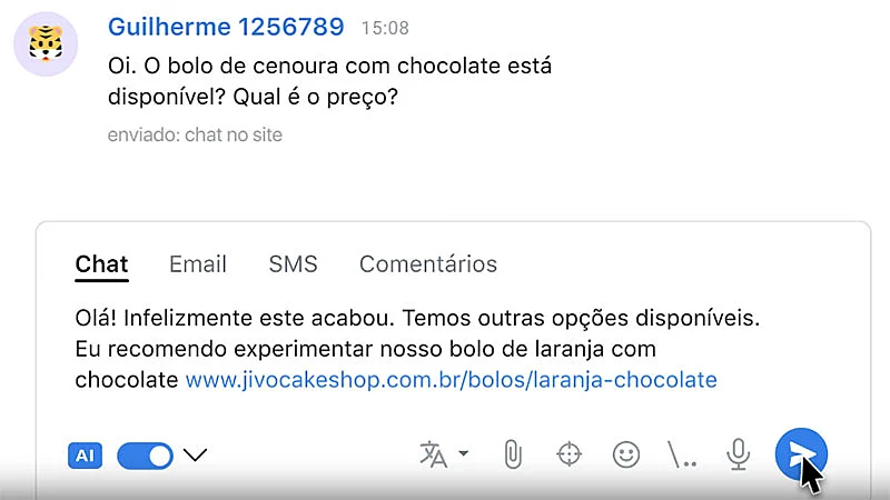 Captura de tela da ferramenta de Copiloto IA do JivoChat