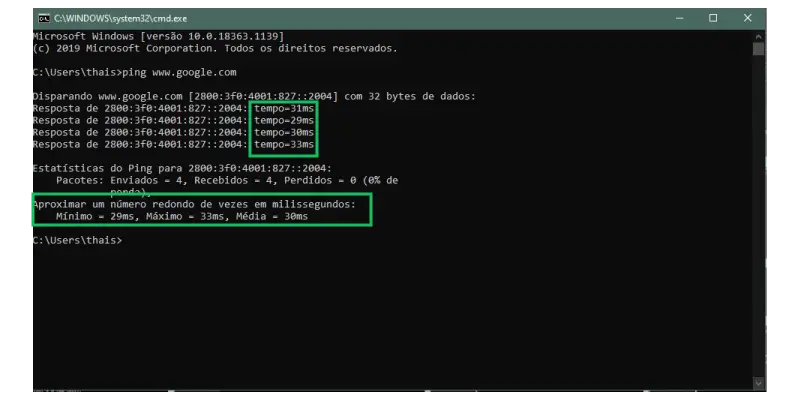 Resultados do teste de Ping no prompt comando