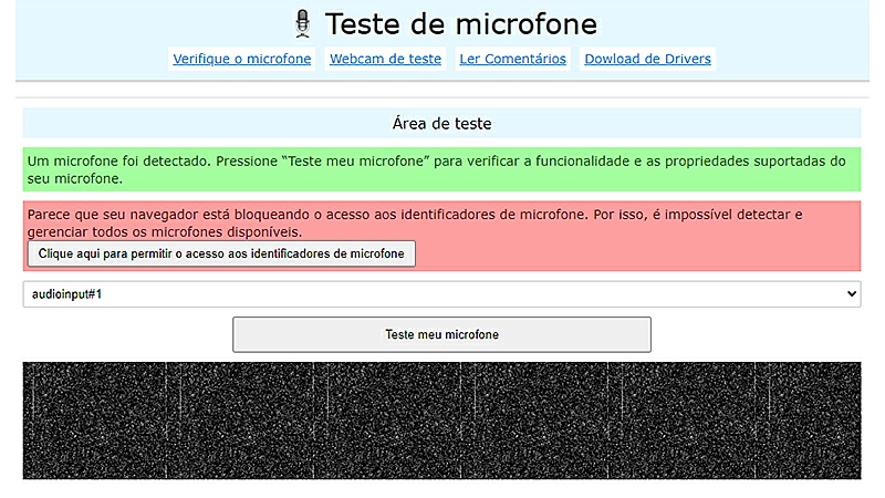 Interface de teste de microfone do Mictests