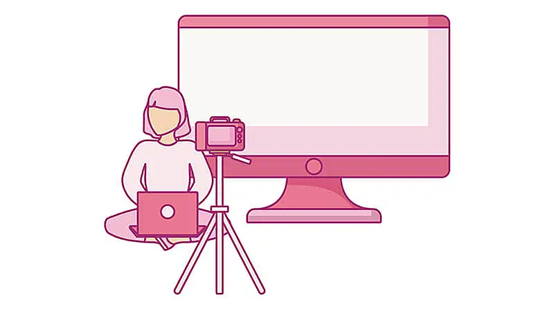 Uma arte de uma Câmera em um tripé, conectada a um notebook 