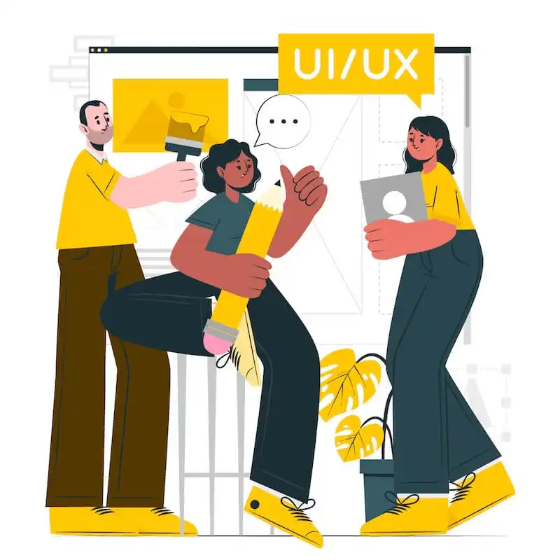 The evolution of UI/UX in mobile app development - flat design The image shows an illustration of a man and two women in front of a computer screen. The man is holding a brush, one woman is holding a pencil and the other one is holding an image.