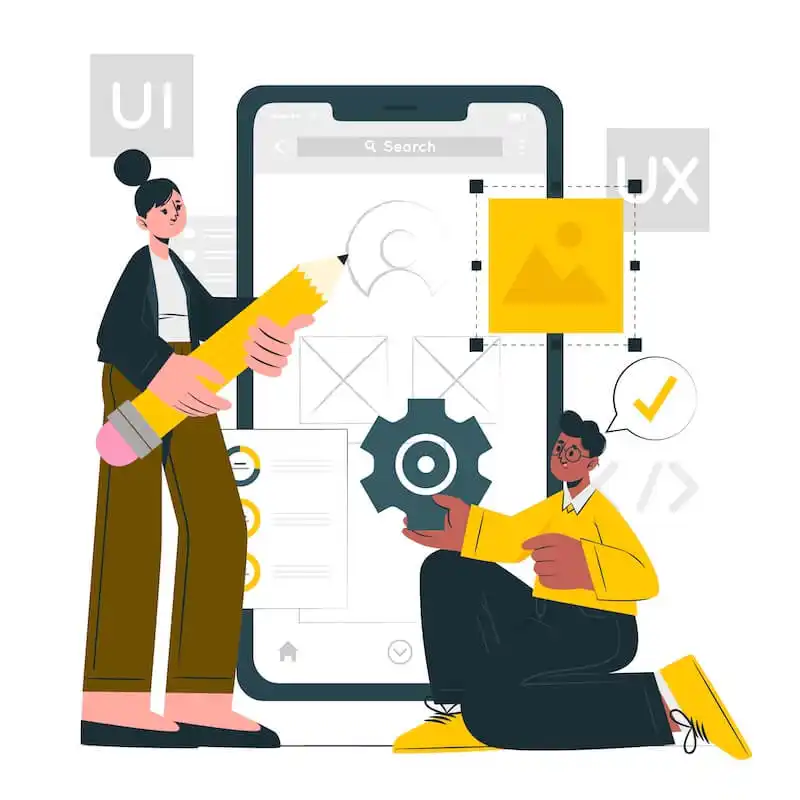 The evolution of ui ux mobile app development - AI-driven experiences The illustration shows a smartphone screen with several design elements. In front of it a woman holds a pencil and a man hold an engine.