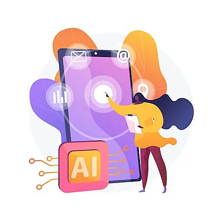 Illustration of a marketer using AI-powered tools on a mobile device to automate email, analytics, and digital marketing tasks