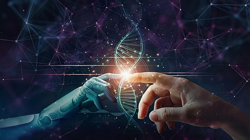 Human and artificial intelligence hands touching with a glowing DNA strand, symbolizing the future of AI-powered marketing and innovation.