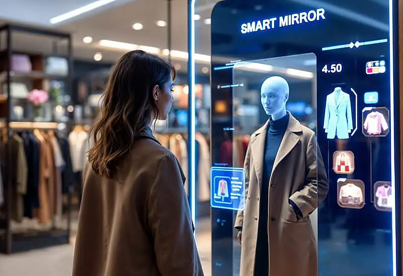 The image shows a woman in a store looking to a smart mirror