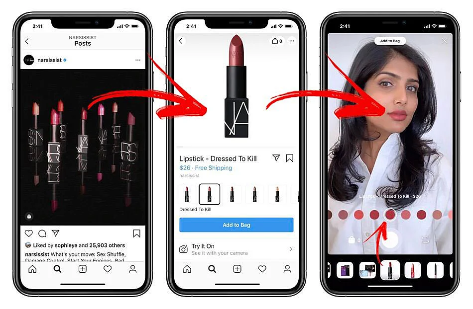 tienda en instagram: imagen de tres celulares que muestran en pantalla el efecto del pintalabios en el rostro de una mujer