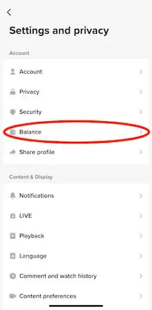 TikTok coins - balance TikTok settings and privacy menu