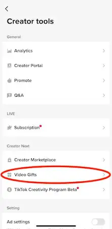 TikTok coins - video gifts TikTok creator tools menu