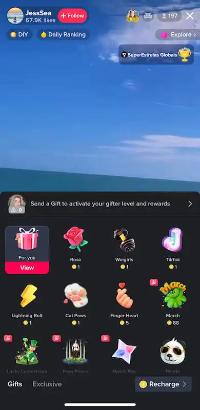 TikTok live gifts - rewards TikTok live showing the gift options