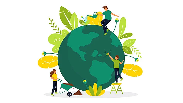 Ilustración de personas que cuidan el medio ambiente, representadas por el globo terráqueo.
