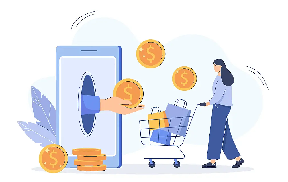 Imagen vectorizada de una mujer haciendo compras en línea