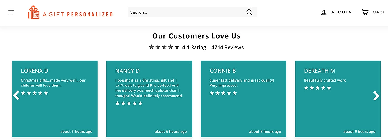 A Gift Personalized customer ratings page
