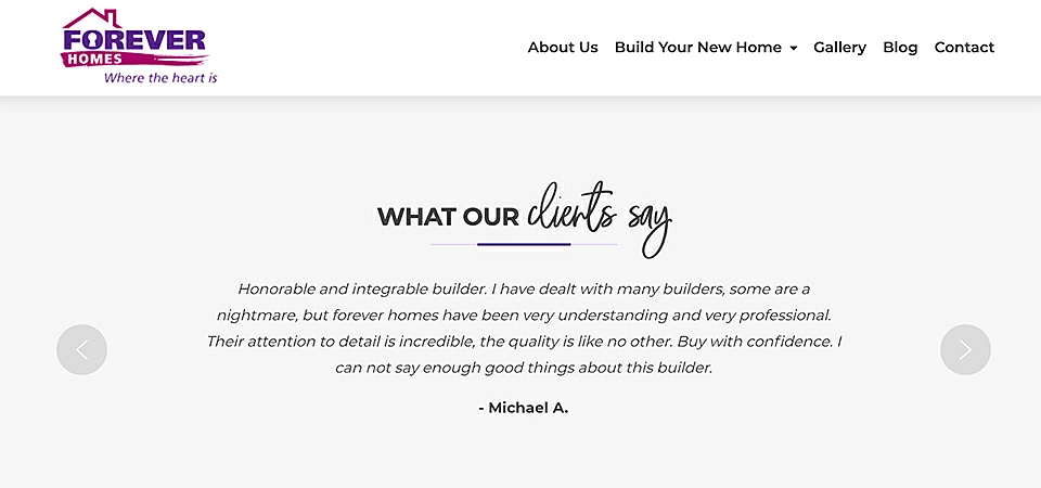 Forever Homes "what our clients say" page