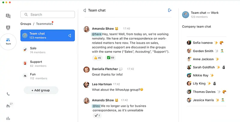 JivoChat Team Chat interface