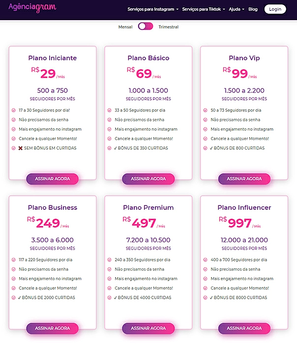 Planos oferecidos pelo Agênciagram