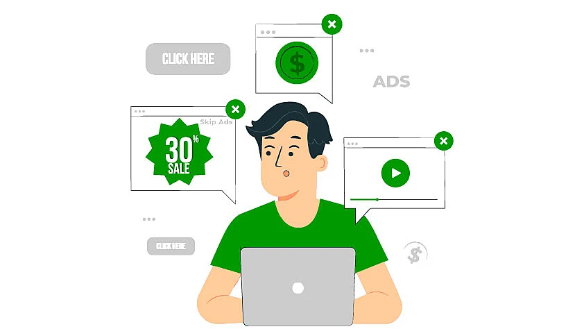 Imagen vectorial de un consumidor que accede a sitios web y se encuentra con anuncios de tráfico de pago