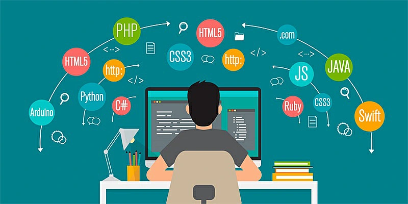 Ilustración de un programador y símbolos de lenguaje