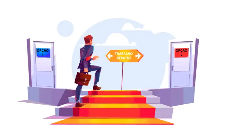 Imagem vetorizada de um trabalhador voltando para casa e tendo que escolher qual das opções  de porta que oferecem