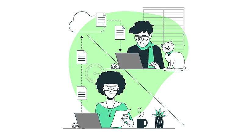 Imagem vetorizada de duas pessoas, trabalhando em ambientes diferentes enquanto compartilham arquivos