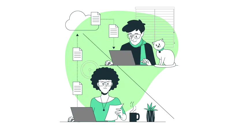 Imagem vetorizada de duas pessoas, trabalhando em ambientes diferentes enquanto compartilham arquivos