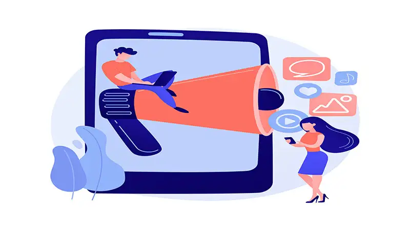 trafego pago instagram Imagem de uma pessoa sentada em um megafone dentro de um celular e uma mulher usando um celular