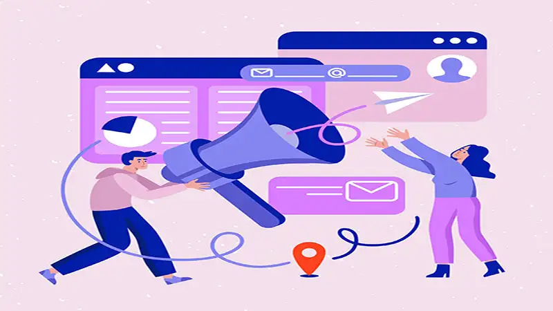 trafego pago instagram Ilustração colorida de duas pessoas. À esquerda, uma pessoa segura um megafone enquanto outra pessoa à direita estende as mãos em direção a ícones de e-mail e redes sociais