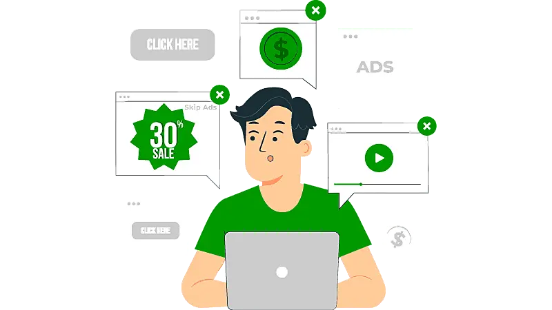 Imagem vetorizada de um consumidor acessando sites e se deparando com anúncios de tráfego pago